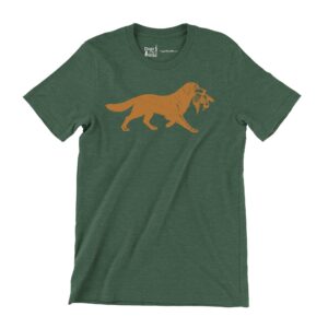 golden retriever with duck t-shirt in forest green