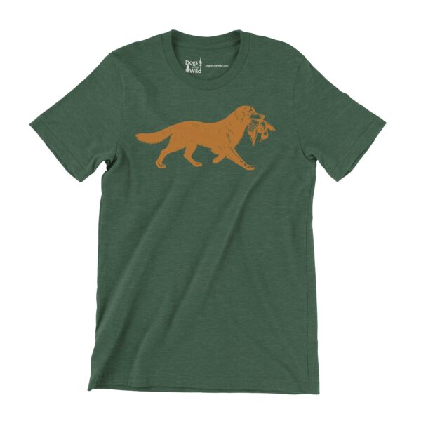 golden retriever with duck t-shirt in forest green