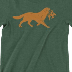 golden retriever with duck t-shirt in forest green