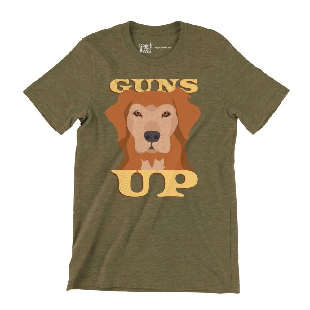 Guns up t-shirt, golden retriever locked in and ready